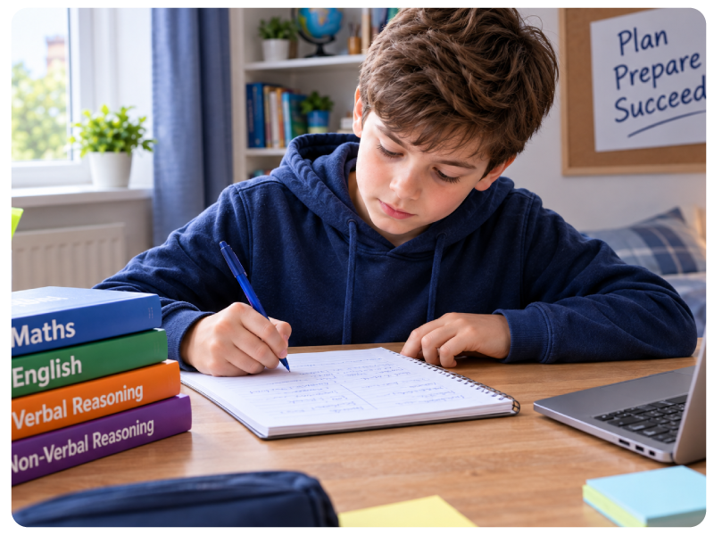 a child revising online 11 Plus exam questions through a laptop during Easter holidays